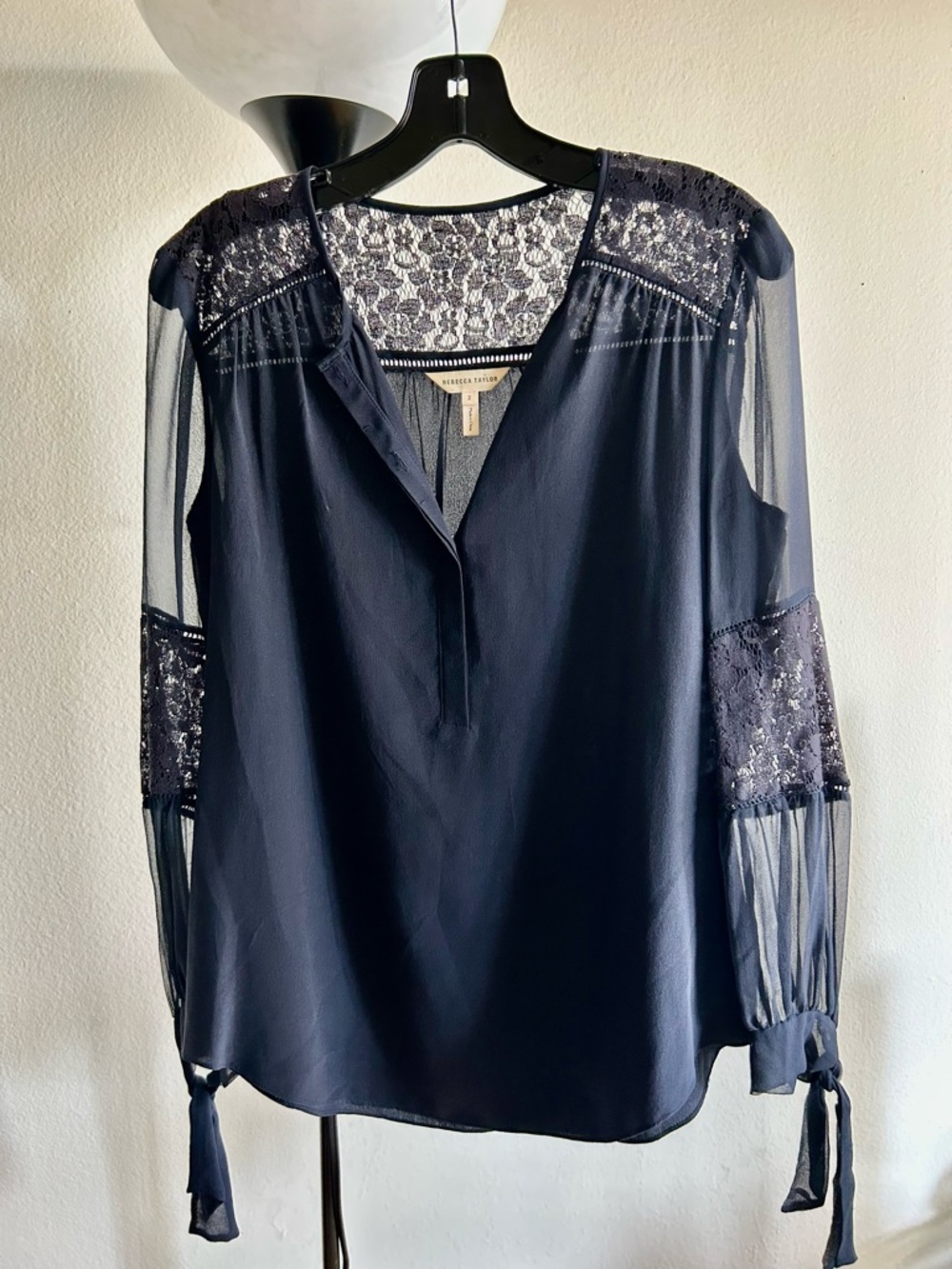 Rebecca Taylor Navy Lace-Inset Sheer Sleeve Blouse